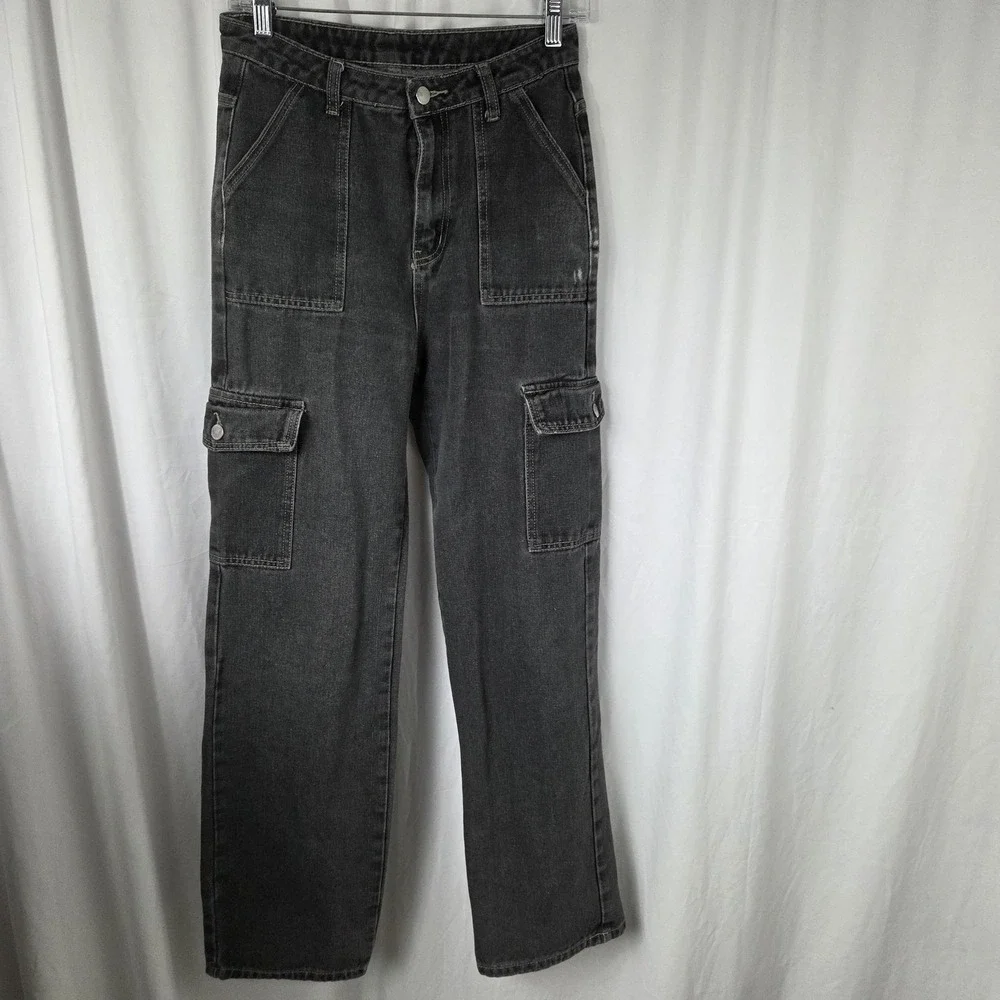 SheIn Jeans Womens 30 Gray Charcoal Wash High Rise Straight Cargo Pockets Denim